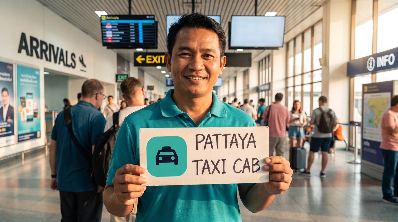 Driver with a name board meeting a passenger at arrivals